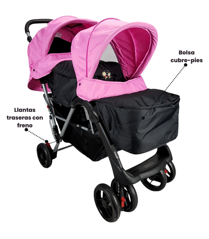 Foto 6 pulgar | Carriola Gemelar Para Bebe, Ruedas Con Freno, Plegable, Reclinable Rosa