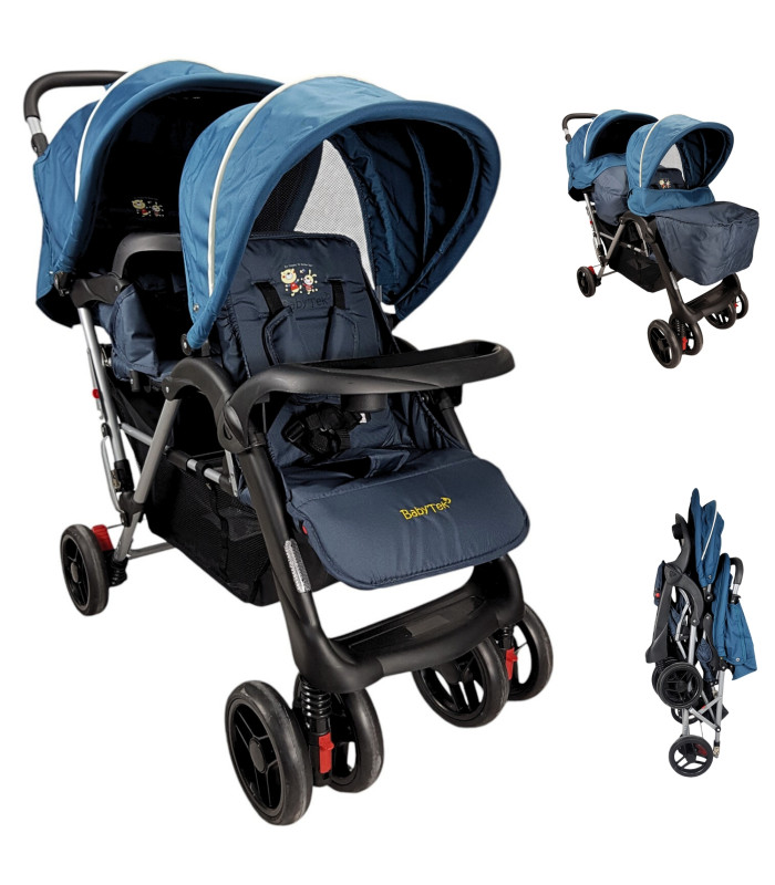 Carriola Gemelar Para Bebe, Ruedas Con Freno, Plegable, Reclinable Azul