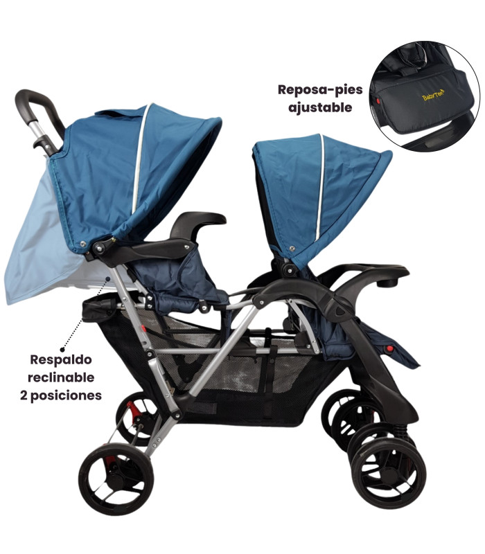 Foto 3 | Carriola Gemelar Para Bebe, Ruedas Con Freno, Plegable, Reclinable Azul