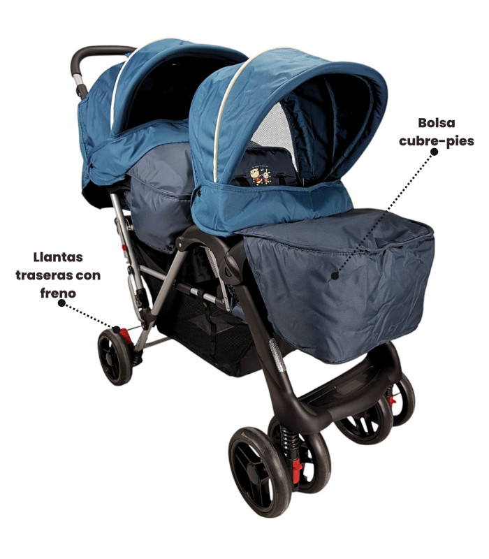 Foto 5 | Carriola Gemelar Para Bebe, Ruedas Con Freno, Plegable, Reclinable Azul