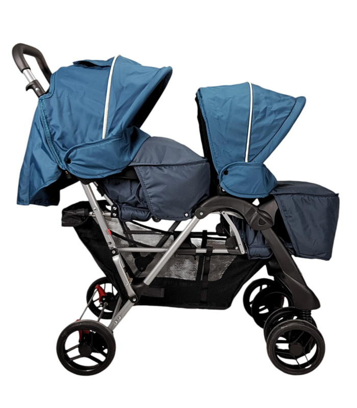 Foto 7 | Carriola Gemelar Para Bebe, Ruedas Con Freno, Plegable, Reclinable Azul