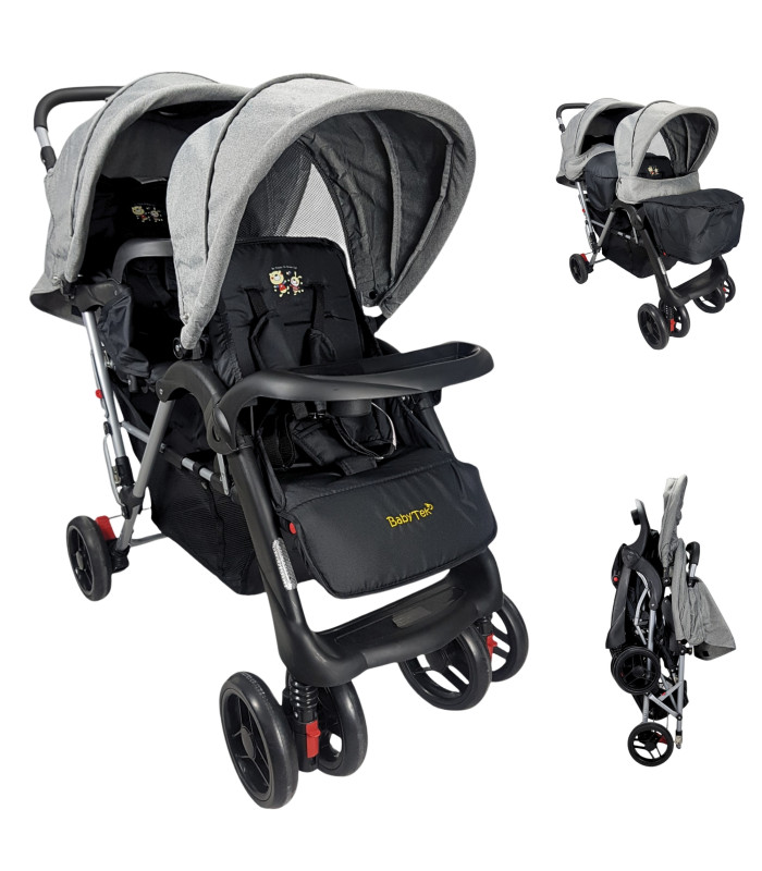 Carriola Gemelar Para Bebe, Ruedas Con Freno, Plegable, Reclinable Gris