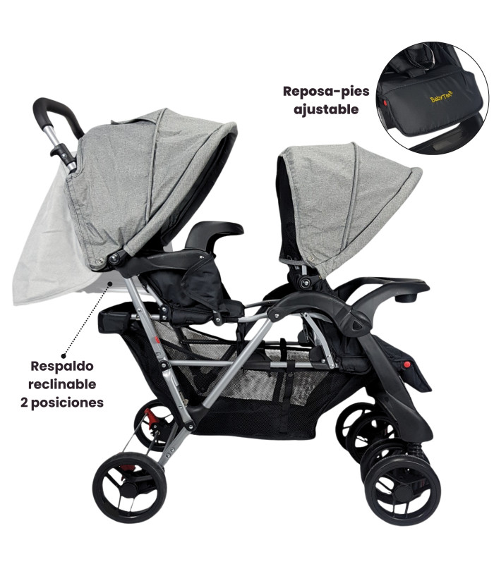 Foto 3 | Carriola Gemelar Para Bebe, Ruedas Con Freno, Plegable, Reclinable Gris