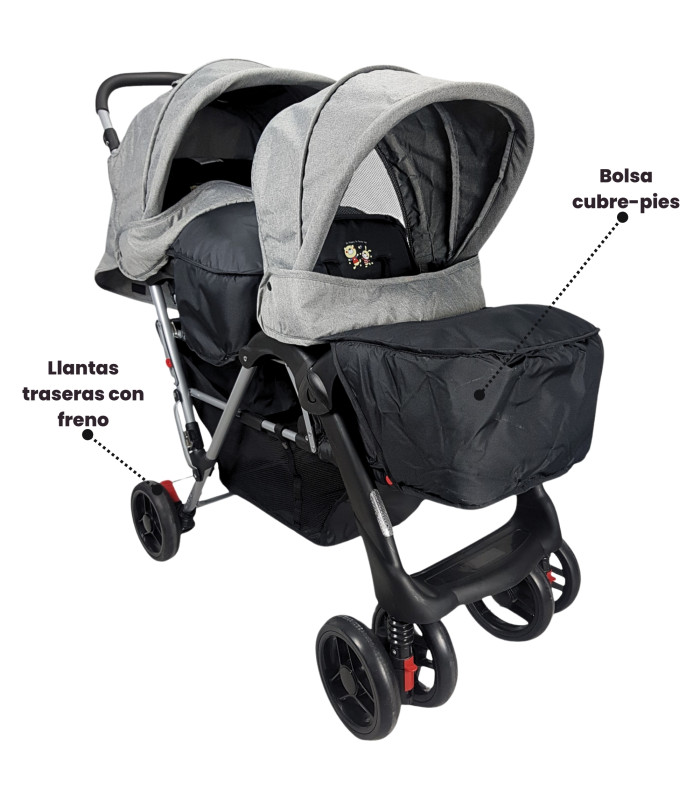 Foto 5 | Carriola Gemelar Para Bebe, Ruedas Con Freno, Plegable, Reclinable Gris