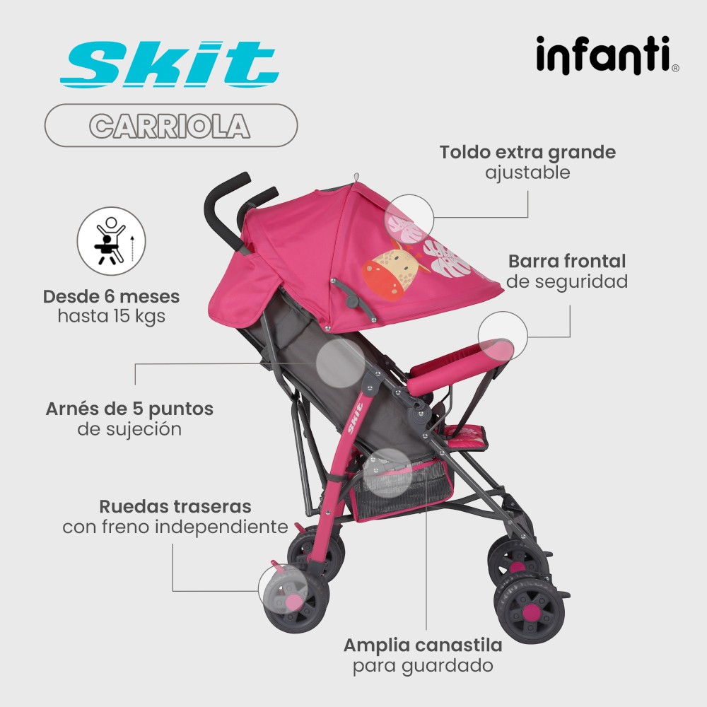 Foto 3 | Carriola De Bastón Infanti Skit Safari Ligera Y Portátil Rosa