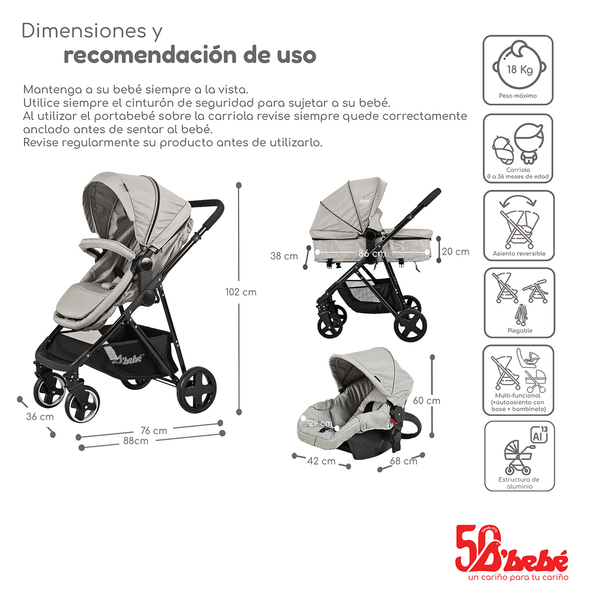 Foto 7 pulgar | Carriola Sistema de Viaje D'bebé Prince Gris
