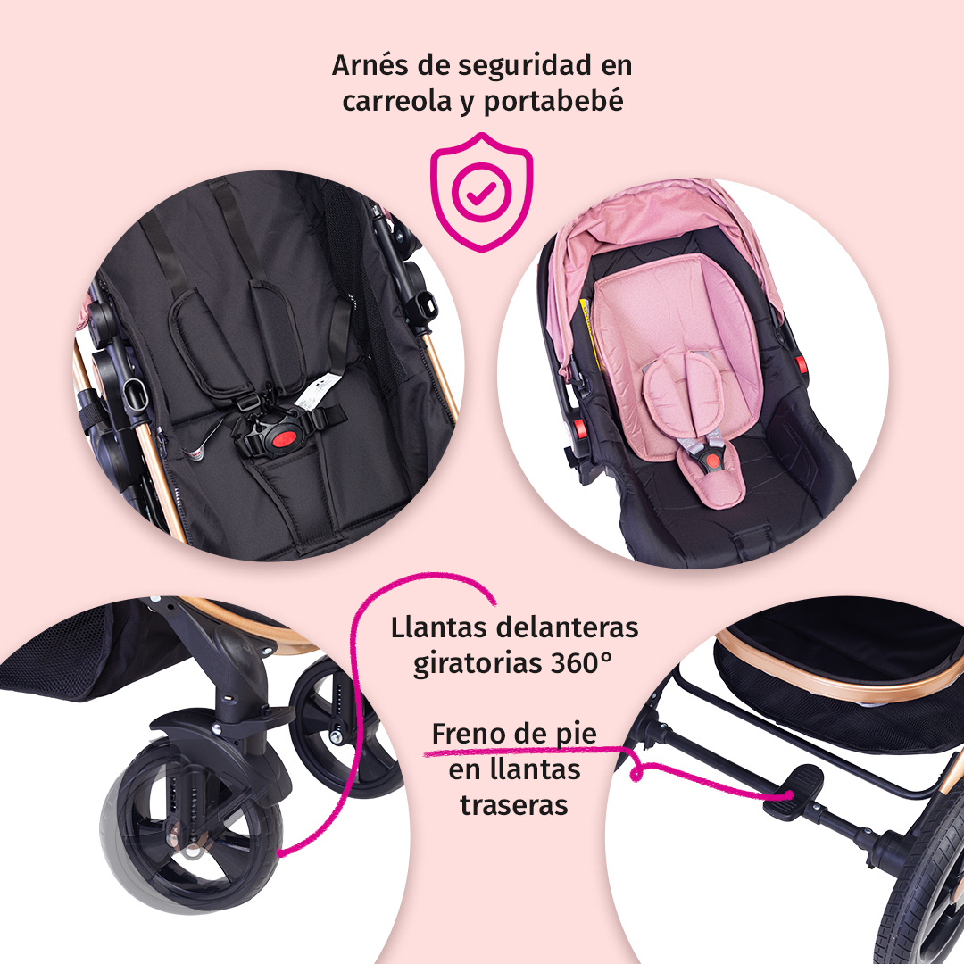 Foto 5 pulgar | Carriola Para Bebé Baby Lux Travel System Con Portabebé Rosa/negro