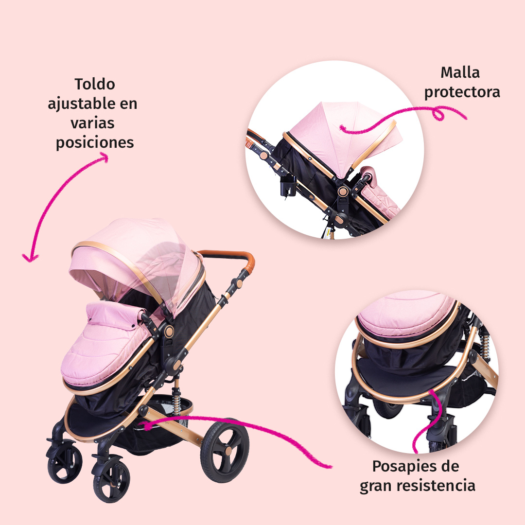 Foto 6 pulgar | Carriola Para Bebé Baby Lux Travel System Con Portabebé Rosa/negro