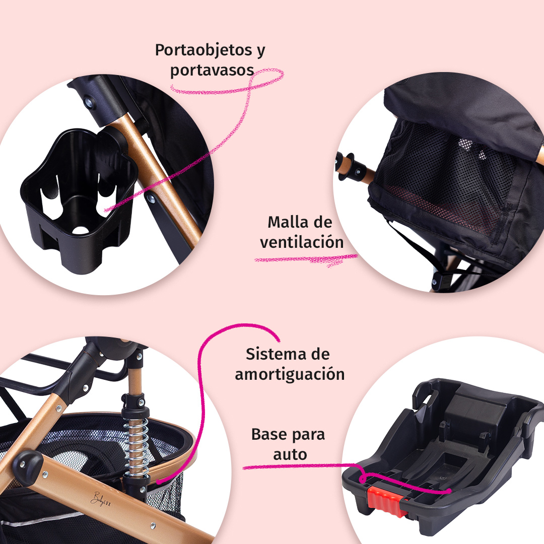 Foto 8 pulgar | Carriola Para Bebé Baby Lux Travel System Con Portabebé Rosa/negro