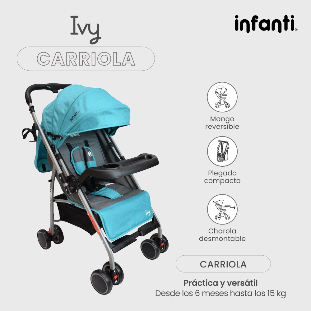 Foto 2 | Carriola De Paseo Ivy Infanti Color Turquesa Con Mango Reversible