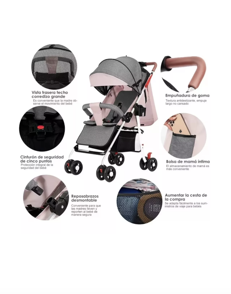 Foto 4 pulgar | Carriola Carreola De Bastón Plegable Toplinc Para Bebé Reclinable Color Rosa Con Gris Chasis Blanco Arnés De 5 P