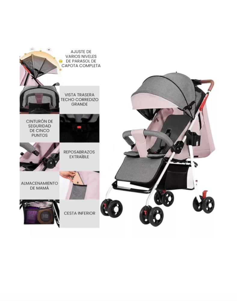 Foto 5 pulgar | Carriola Carreola De Bastón Plegable Toplinc Para Bebé Reclinable Color Rosa Con Gris Chasis Blanco Arnés De 5 P