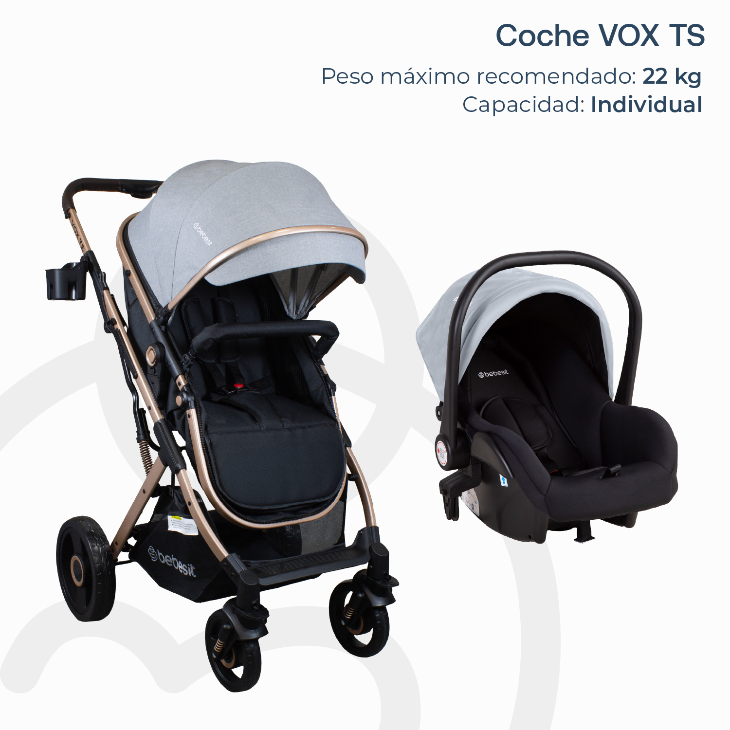 Foto 3 pulgar | Coche Travel System Bebesit Vox Gris Rose Gold 3 En 1 Paseo Moisés Auto