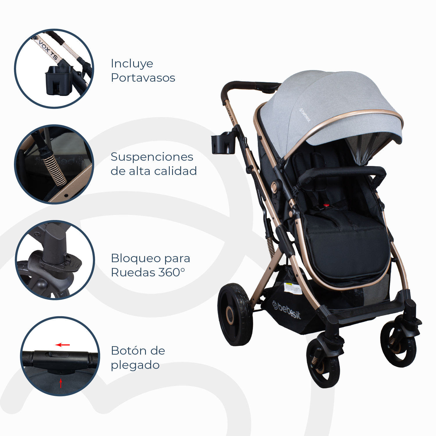 Foto 4 pulgar | Coche Travel System Bebesit Vox Gris Rose Gold 3 En 1 Paseo Moisés Auto