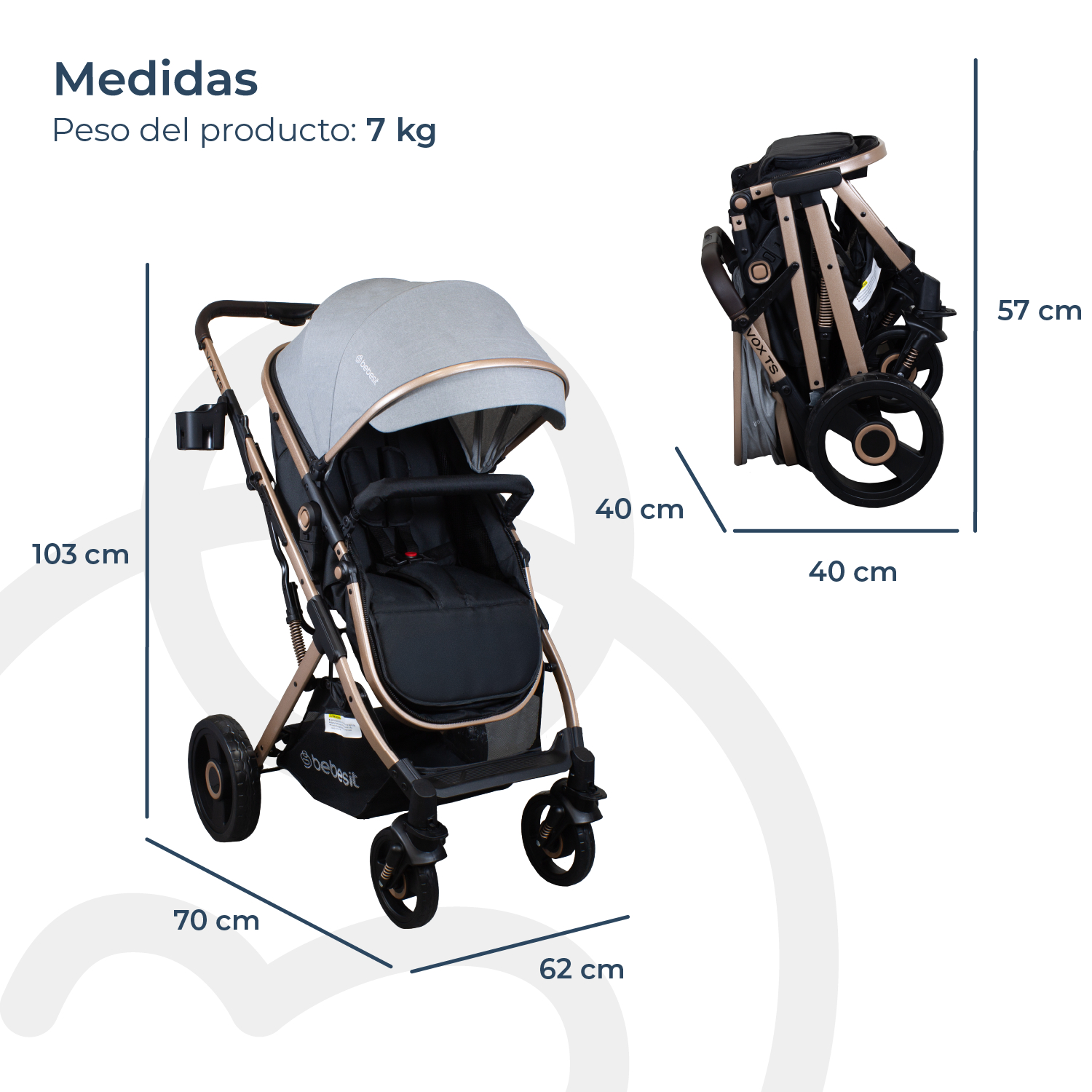 Foto 6 pulgar | Coche Travel System Bebesit Vox Gris Rose Gold 3 En 1 Paseo Moisés Auto