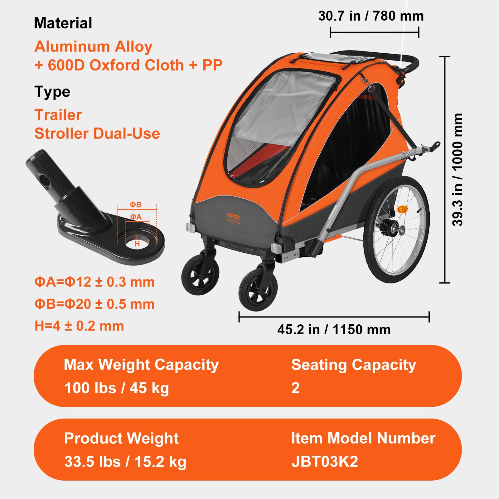Foto 7 | Remolque Para Bicicleta Vevor Para Niños Pequeños, Asiento Doble, Carga 45 Kg - Venta Internacional.