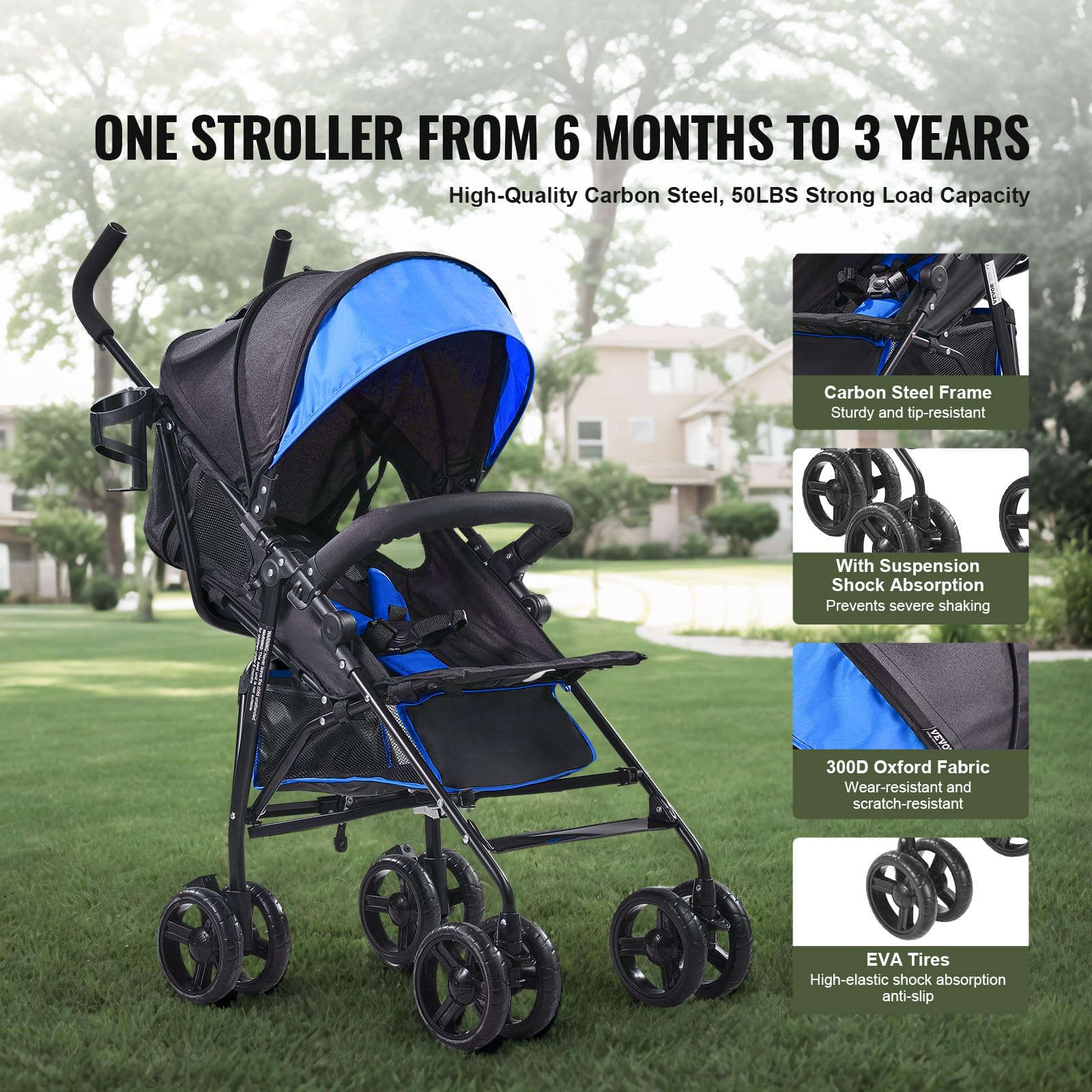 Foto 5 pulgar | Silla De Paseo Vevor, Ligera Y Compacta, Plegable, Con Toldo Negro Y Azul - Venta Internacional.