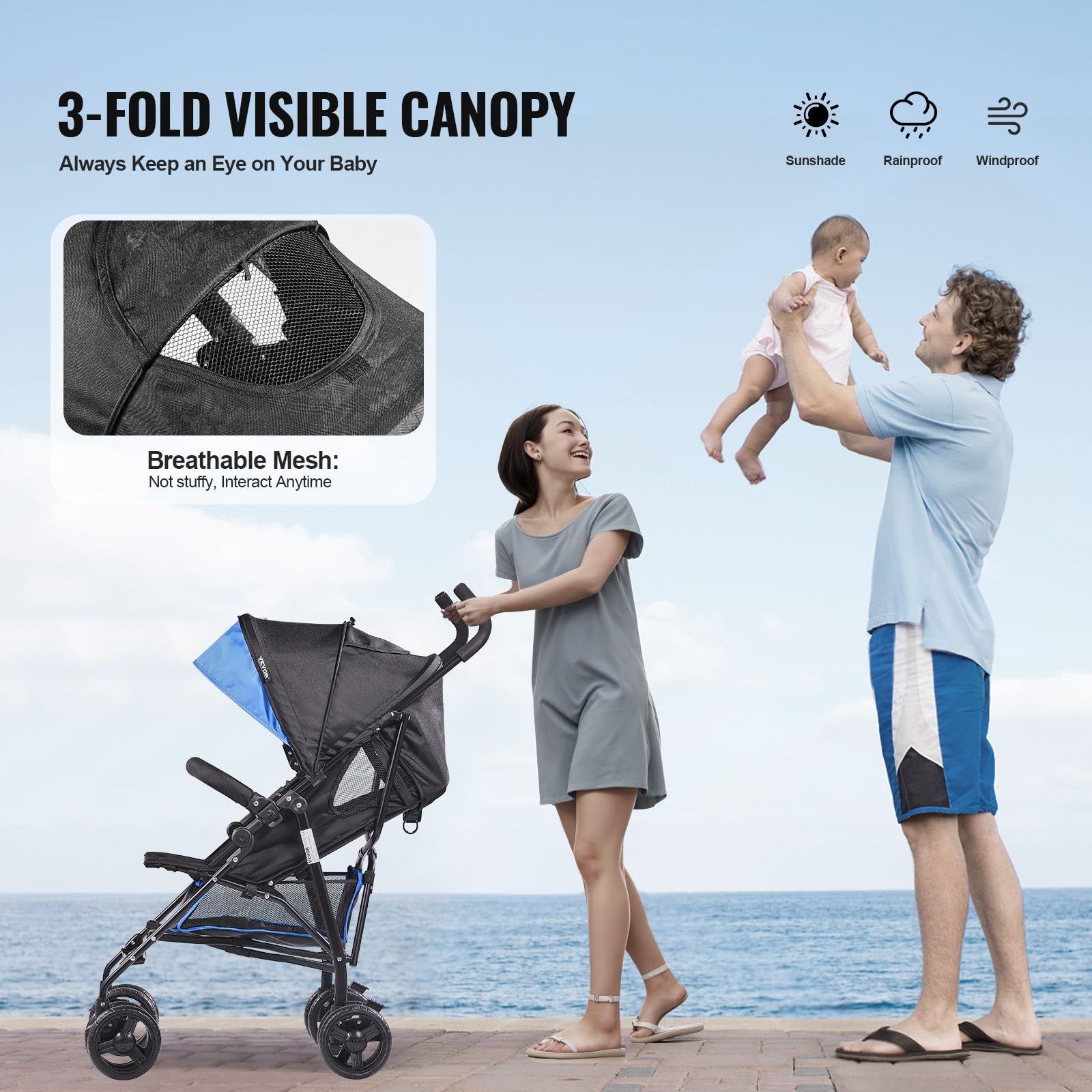 Foto 6 pulgar | Silla De Paseo Vevor, Ligera Y Compacta, Plegable, Con Toldo Negro Y Azul - Venta Internacional.