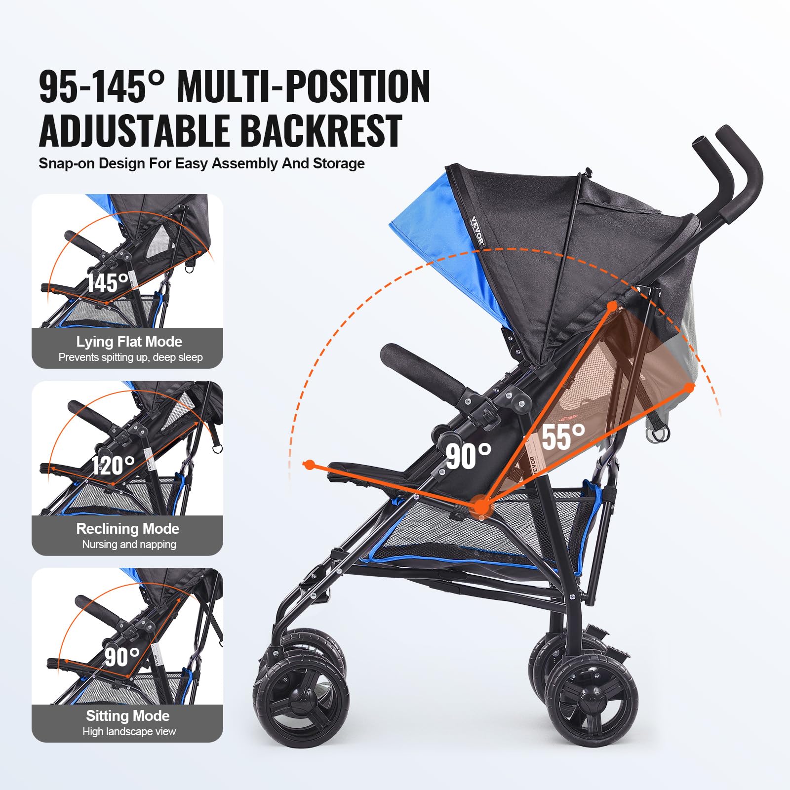 Foto 7 pulgar | Silla De Paseo Vevor, Ligera Y Compacta, Plegable, Con Toldo Negro Y Azul - Venta Internacional.