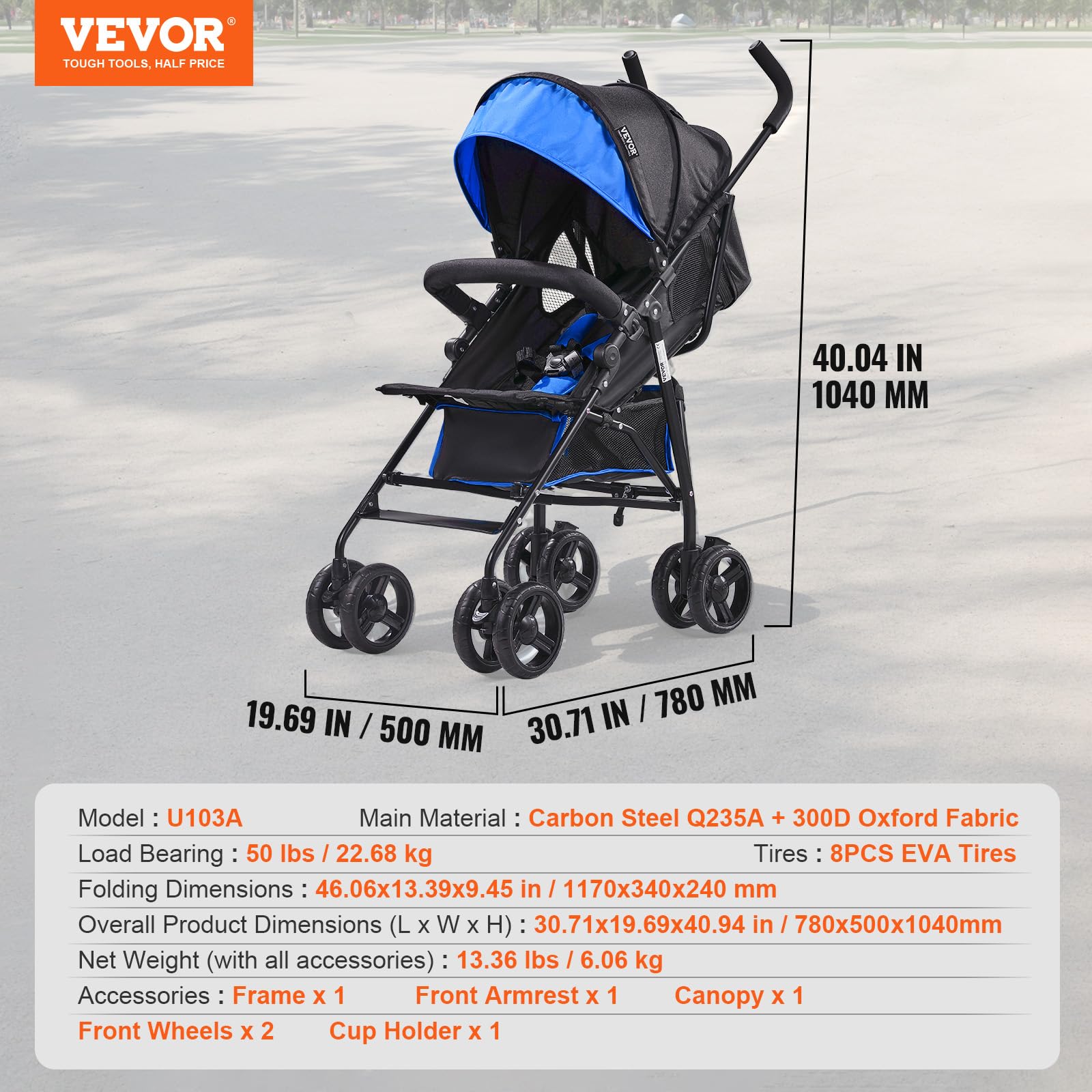 Foto 8 pulgar | Silla De Paseo Vevor, Ligera Y Compacta, Plegable, Con Toldo Negro Y Azul - Venta Internacional.