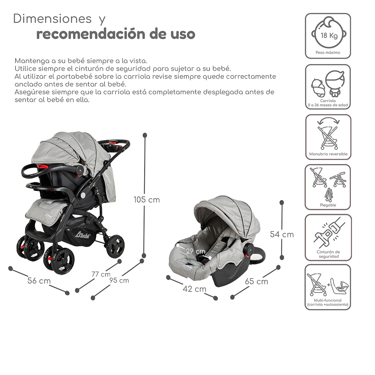 Foto 6 pulgar | Carriola Con Autoasiento Reversible Elite D'bebe - Gris