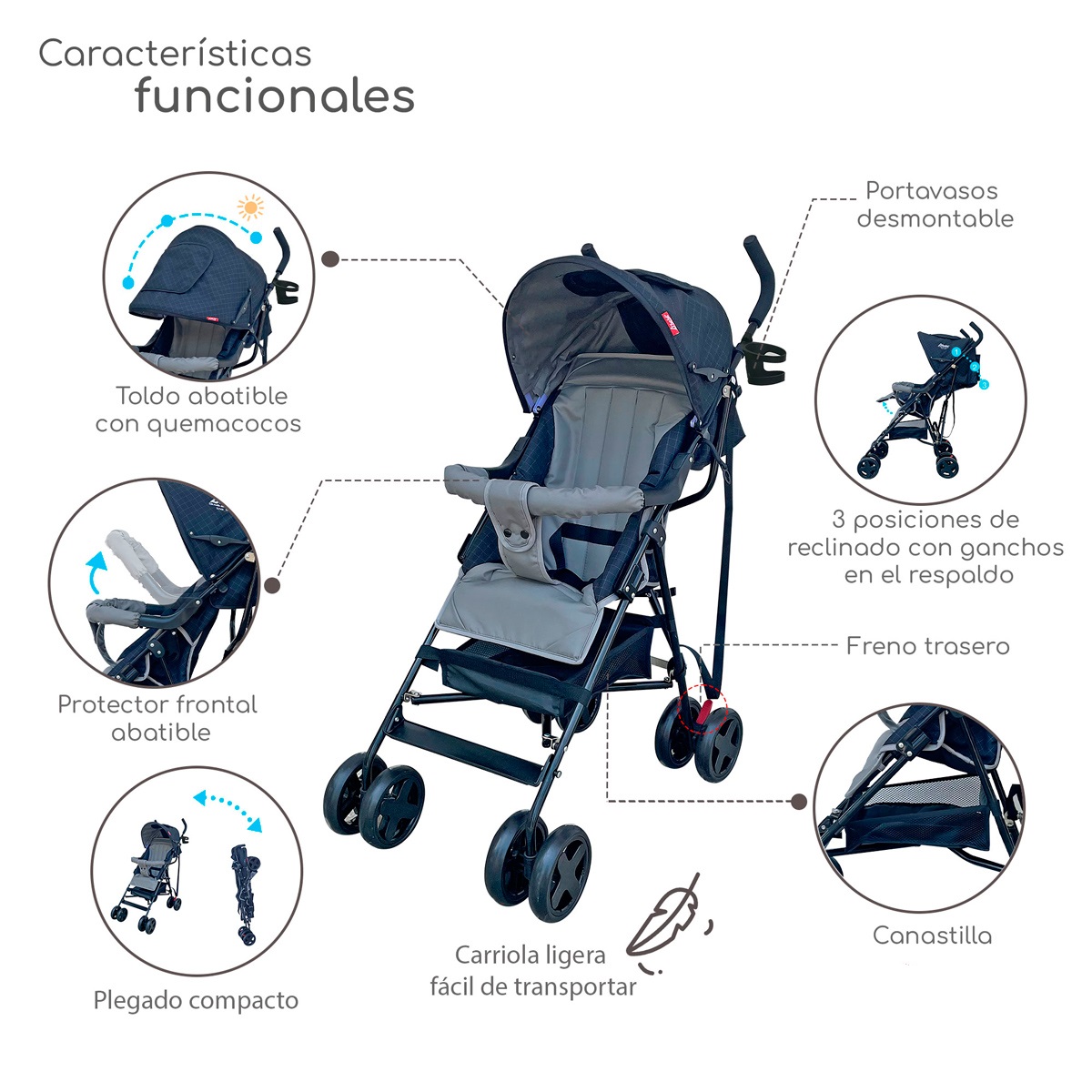 Foto 2 | Carriola Plegable Con Reclinado Y Toldo Carri D'bebe - Negro