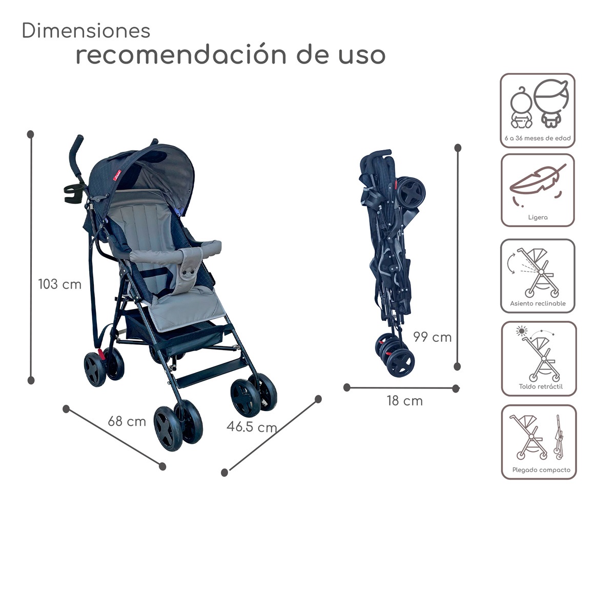 Foto 6 pulgar | Carriola Plegable Con Reclinado Y Toldo Carri D'bebe - Negro