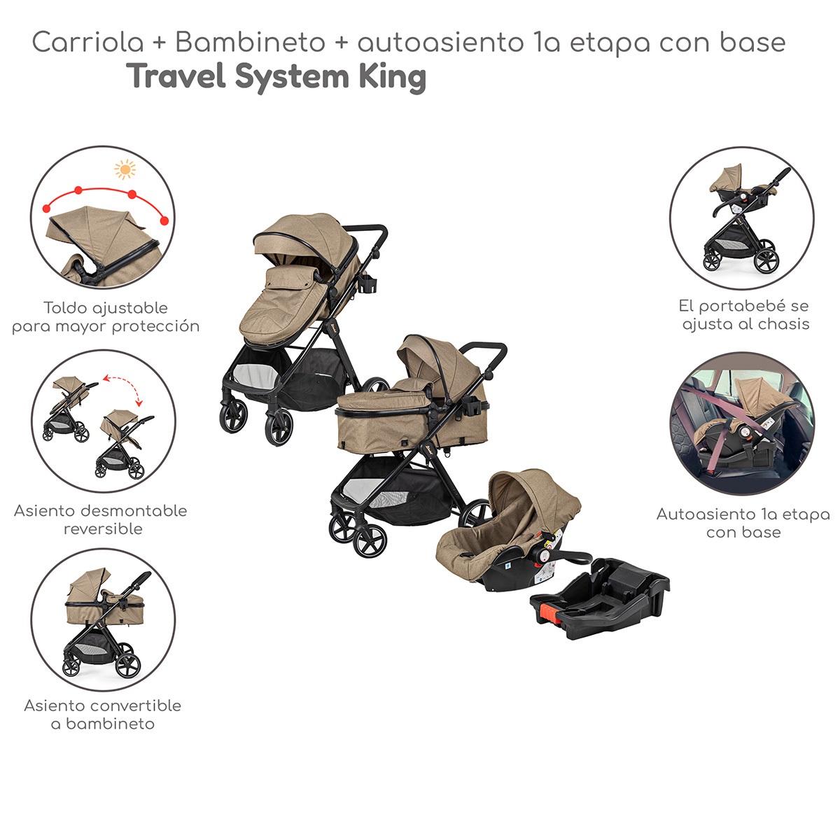 Foto 3 pulgar | Carriola Con Autoasiento Y Bambineto Reclinable King D'bebe - Beige