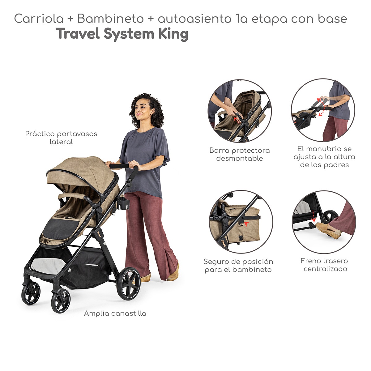 Foto 5 pulgar | Carriola Con Autoasiento Y Bambineto Reclinable King D'bebe - Beige