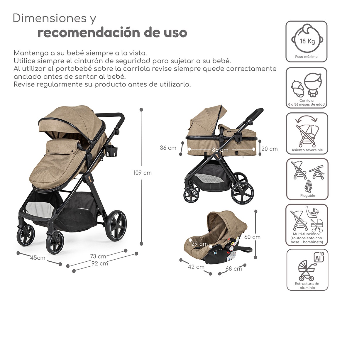 Foto 7 pulgar | Carriola Con Autoasiento Y Bambineto Reclinable King D'bebe - Beige
