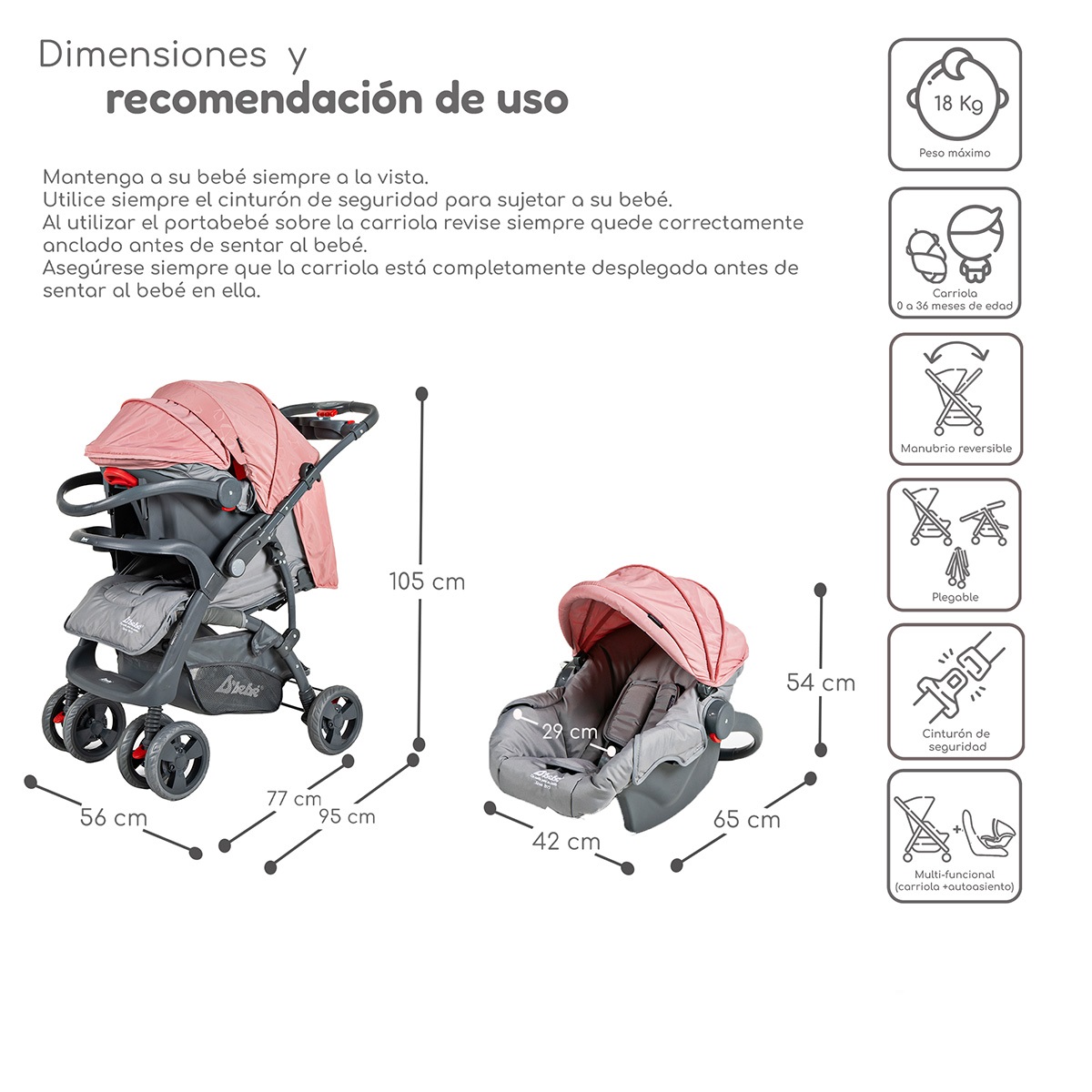 Foto 6 pulgar | Carriola Con Autoasiento Reversible Elite D'bebe - Rosa