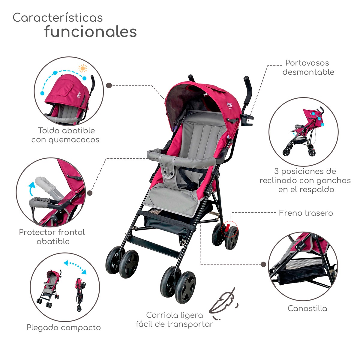 Foto 3 pulgar | Carriola Plegable Con Reclinado Y Toldo Carri D'bebe - Rosa