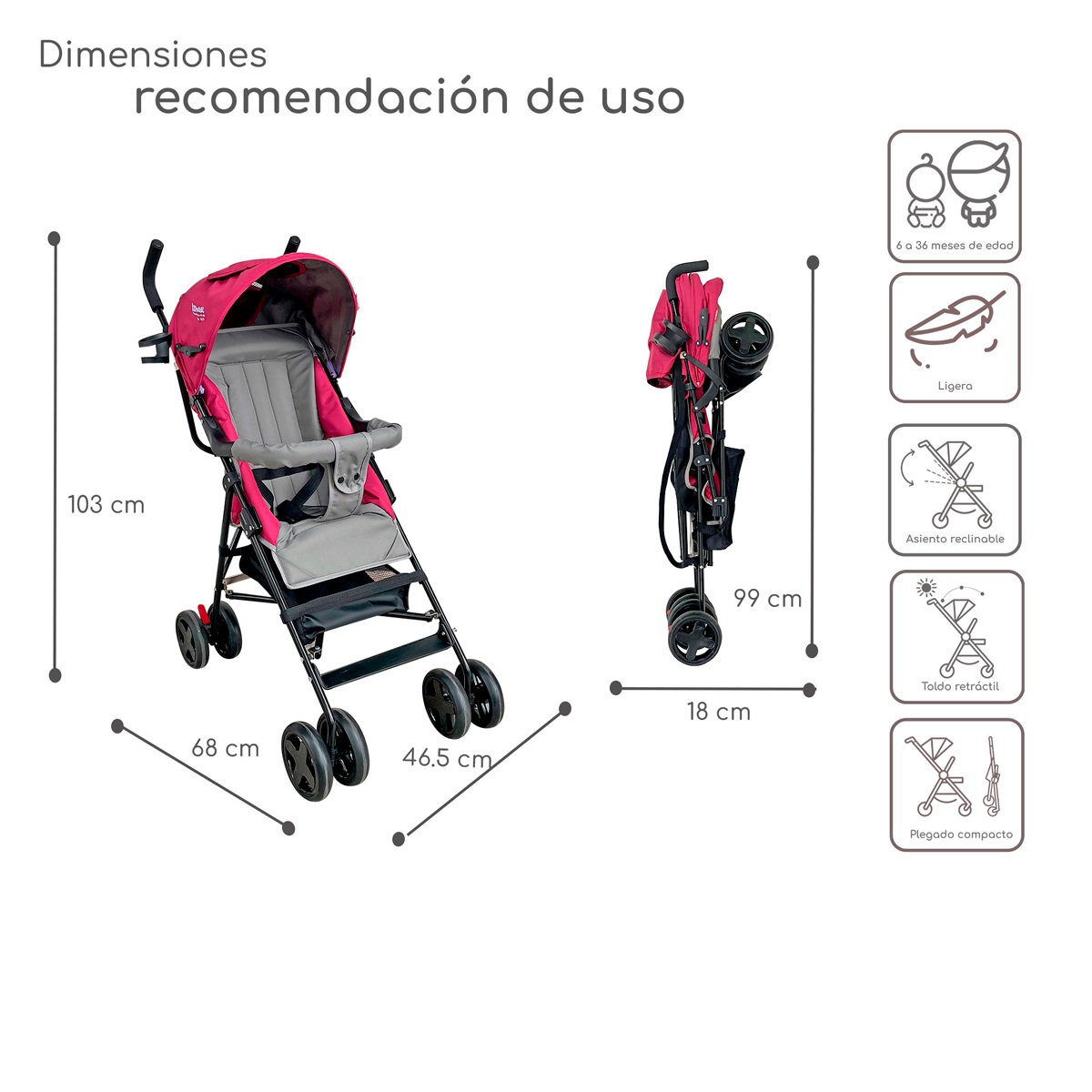 Foto 6 pulgar | Carriola Plegable Con Reclinado Y Toldo Carri D'bebe - Rosa