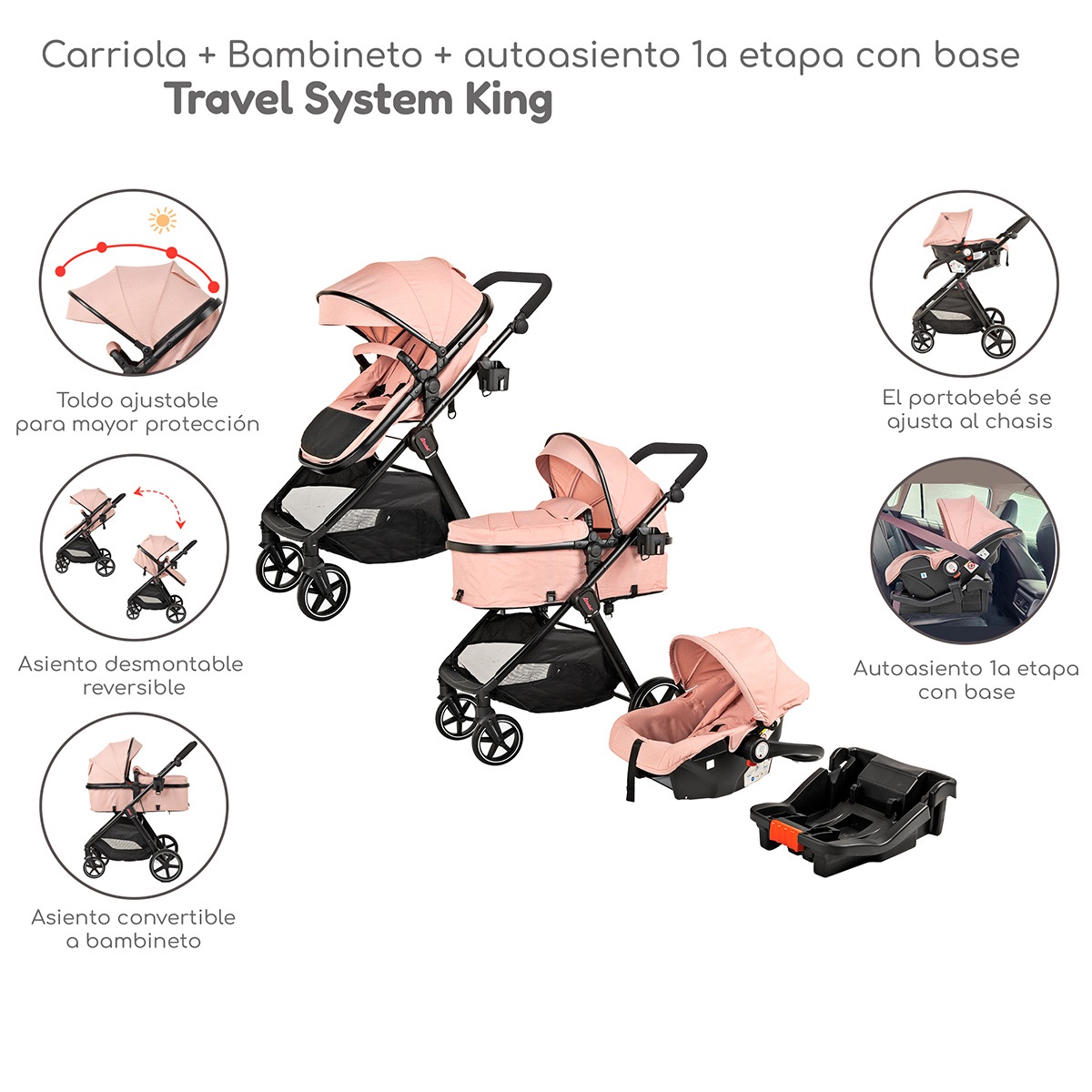Foto 3 pulgar | Carriola Con Autoasiento Y Bambineto Reclinable King D'bebe - Rosa