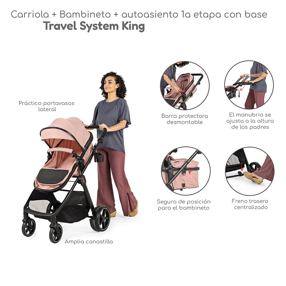 Foto 5 pulgar | Carriola Con Autoasiento Y Bambineto Reclinable King D'bebe - Rosa