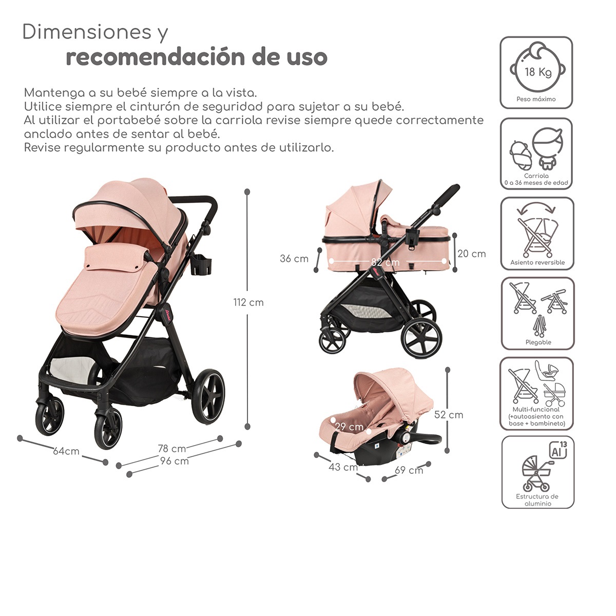 Foto 6 | Carriola Con Autoasiento Y Bambineto Reclinable King D'bebe - Rosa