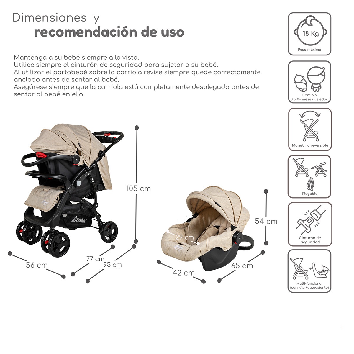 Foto 6 pulgar | Carriola Con Autoasiento Reversible Elite D'bebe - Arena