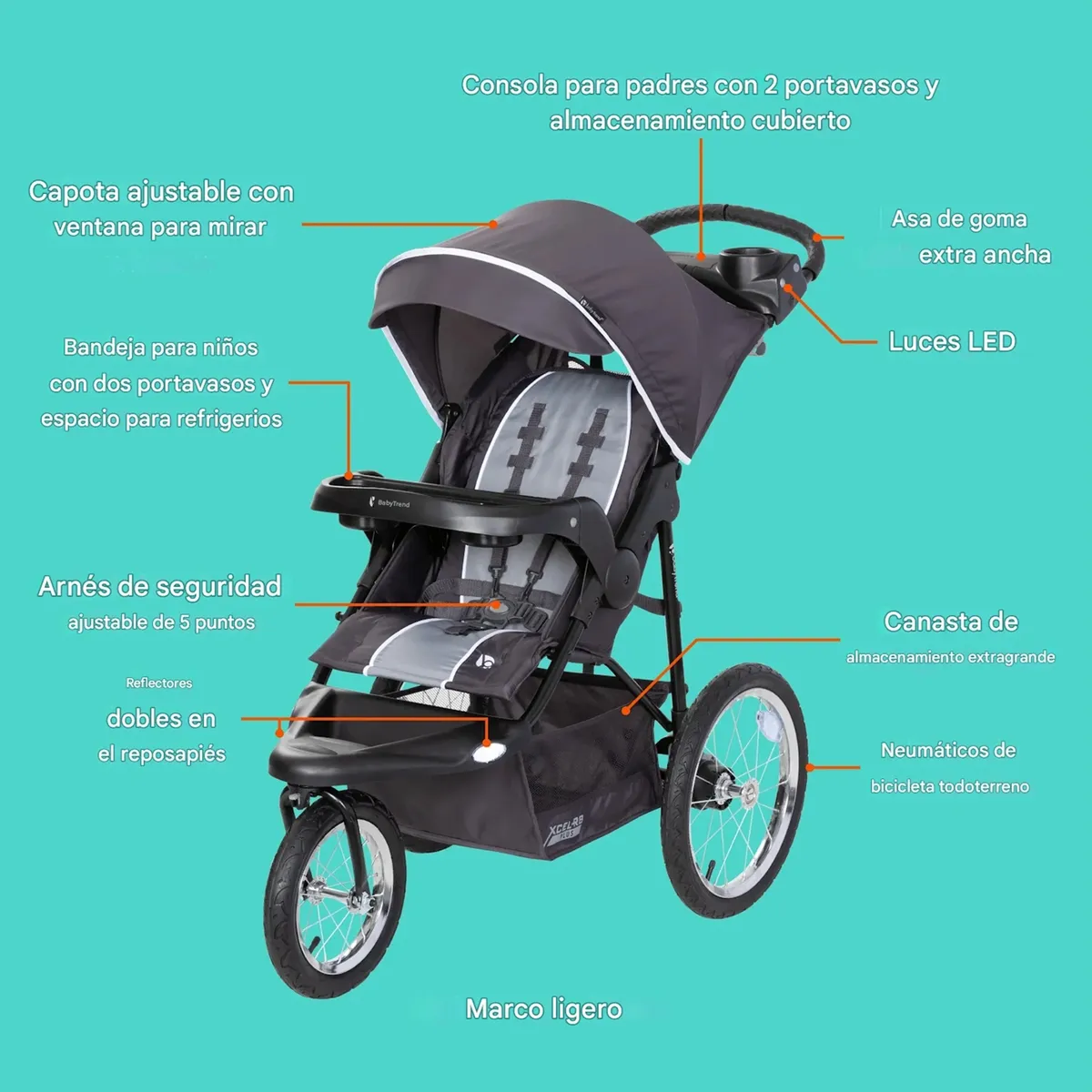 Foto 3 pulgar | Carriola Baby Trend Jogger Xcel-r8 Plus Con Luces Led