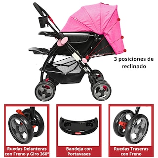 Foto 3 | Carriola Para Bebé Manubrio Reversible Asiento Reclinable Frenos Y Cinturón De Seguridad Soporta Hasta 15 Kg- Rosa