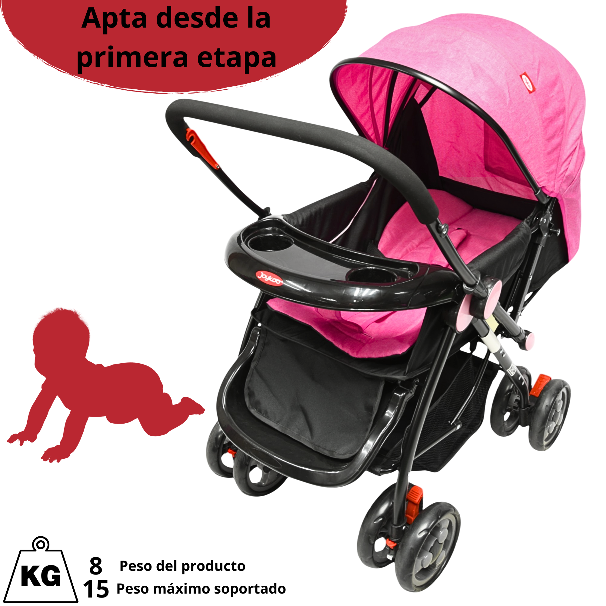 Foto 6 pulgar | Carriola Para Bebé Manubrio Reversible Asiento Reclinable Frenos Y Cinturón De Seguridad Soporta Hasta 15 Kg- Rosa