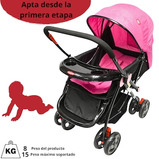 Foto 5 | Carriola Para Bebé Manubrio Reversible Asiento Reclinable Frenos Y Cinturón De Seguridad Soporta Hasta 15 Kg- Rosa