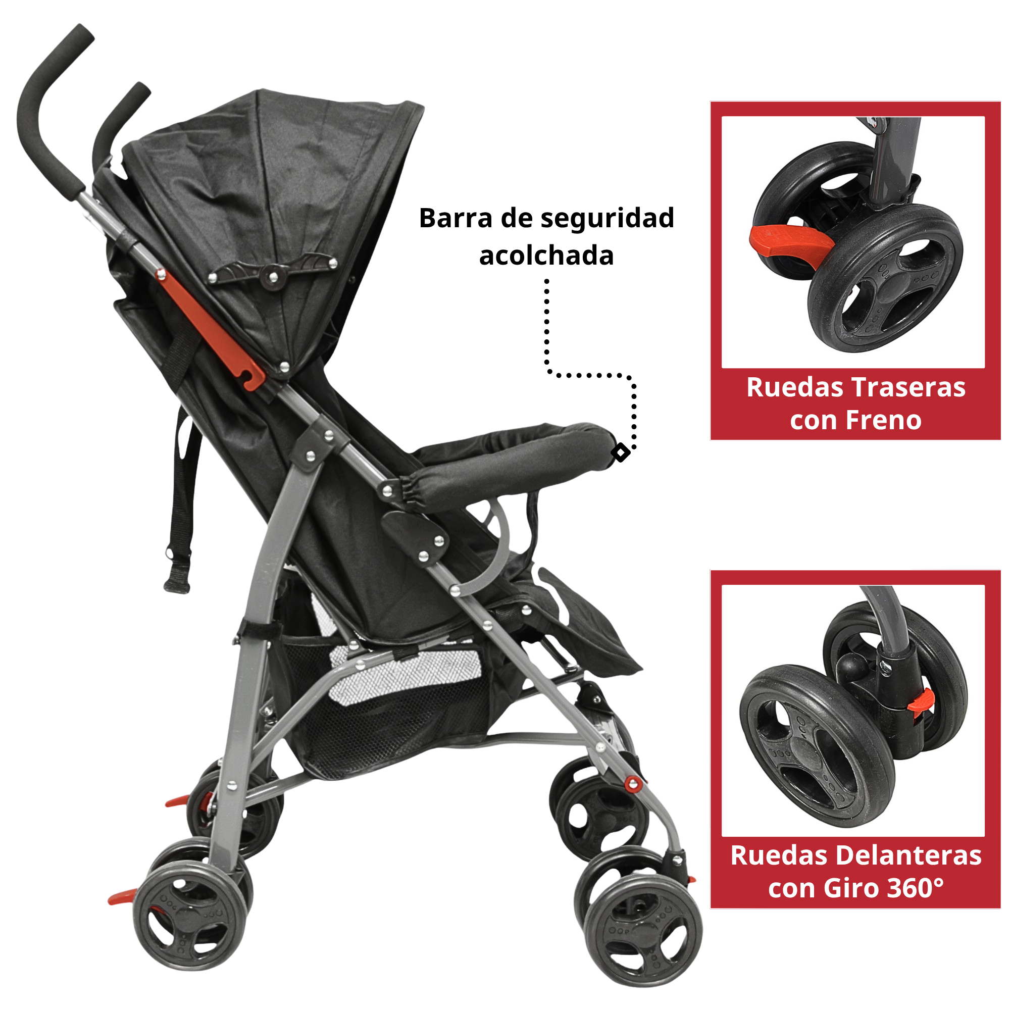 Foto 3 | Carriola De Bastón Para Bebé Asiento Multiposiciones Ruedas Con Freno Cinturón De 5 Puntos Soporta Hasta 15 Kg - Negro