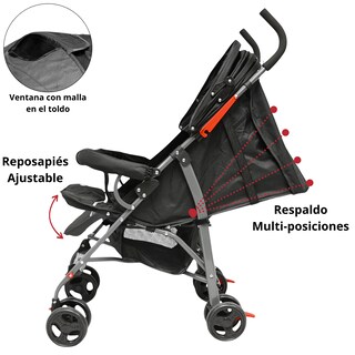 Foto 4 | Carriola De Bastón Para Bebé Asiento Multiposiciones Ruedas Con Freno Cinturón De 5 Puntos Soporta Hasta 15 Kg - Negro