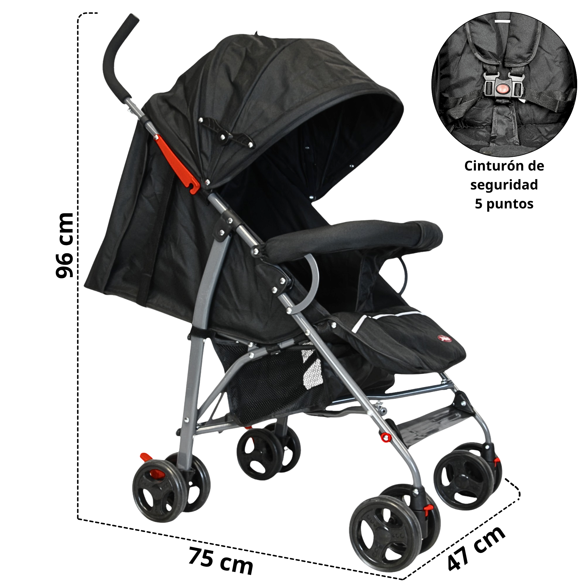 Foto 5 | Carriola De Bastón Para Bebé Asiento Multiposiciones Ruedas Con Freno Cinturón De 5 Puntos Soporta Hasta 15 Kg - Negro