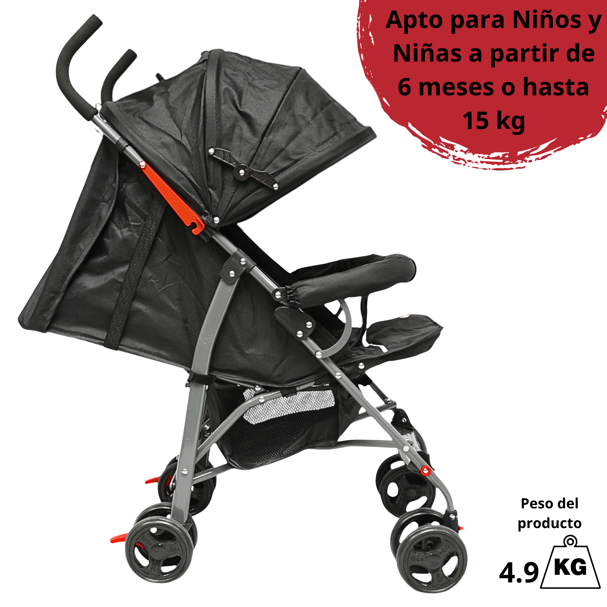 Foto 6 | Carriola De Bastón Para Bebé Asiento Multiposiciones Ruedas Con Freno Cinturón De 5 Puntos Soporta Hasta 15 Kg - Negro