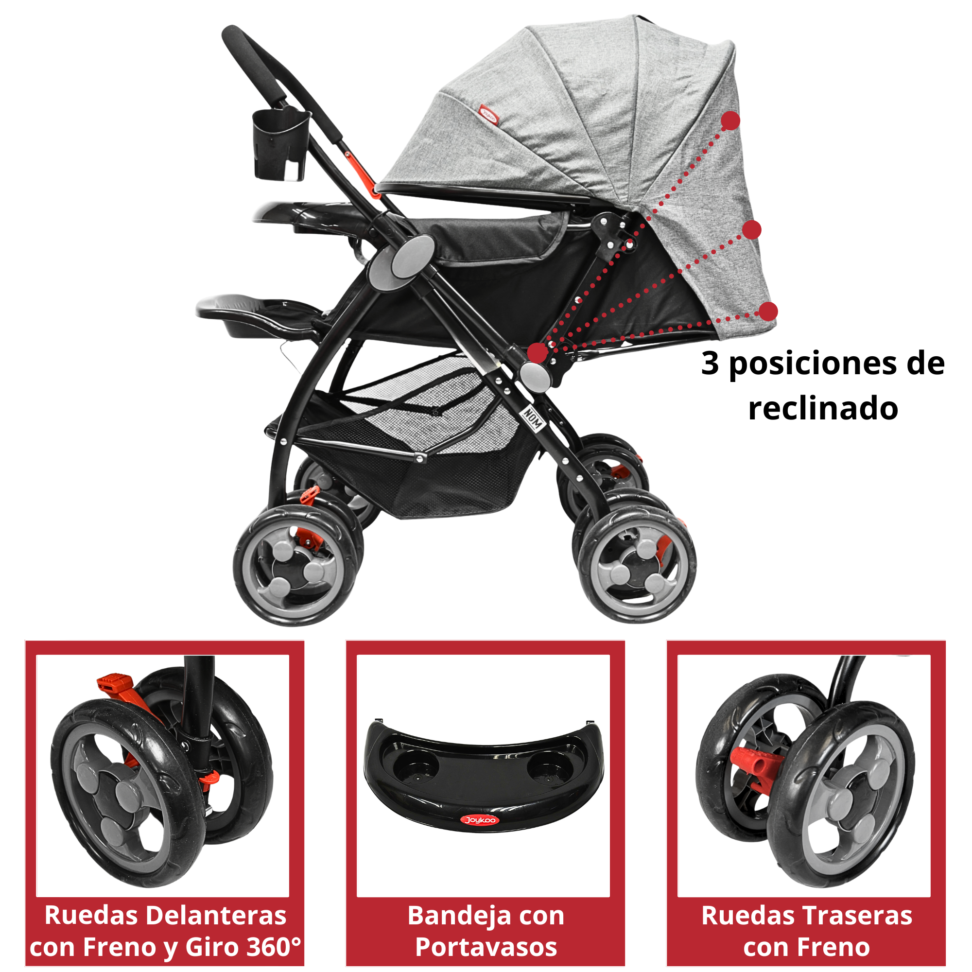Foto 4 pulgar | Carriola Para Bebé Manubrio Reversible Asiento Reclinable Frenos Y Cinturón De Seguridad Soporta Hasta 15 Kg - Gris