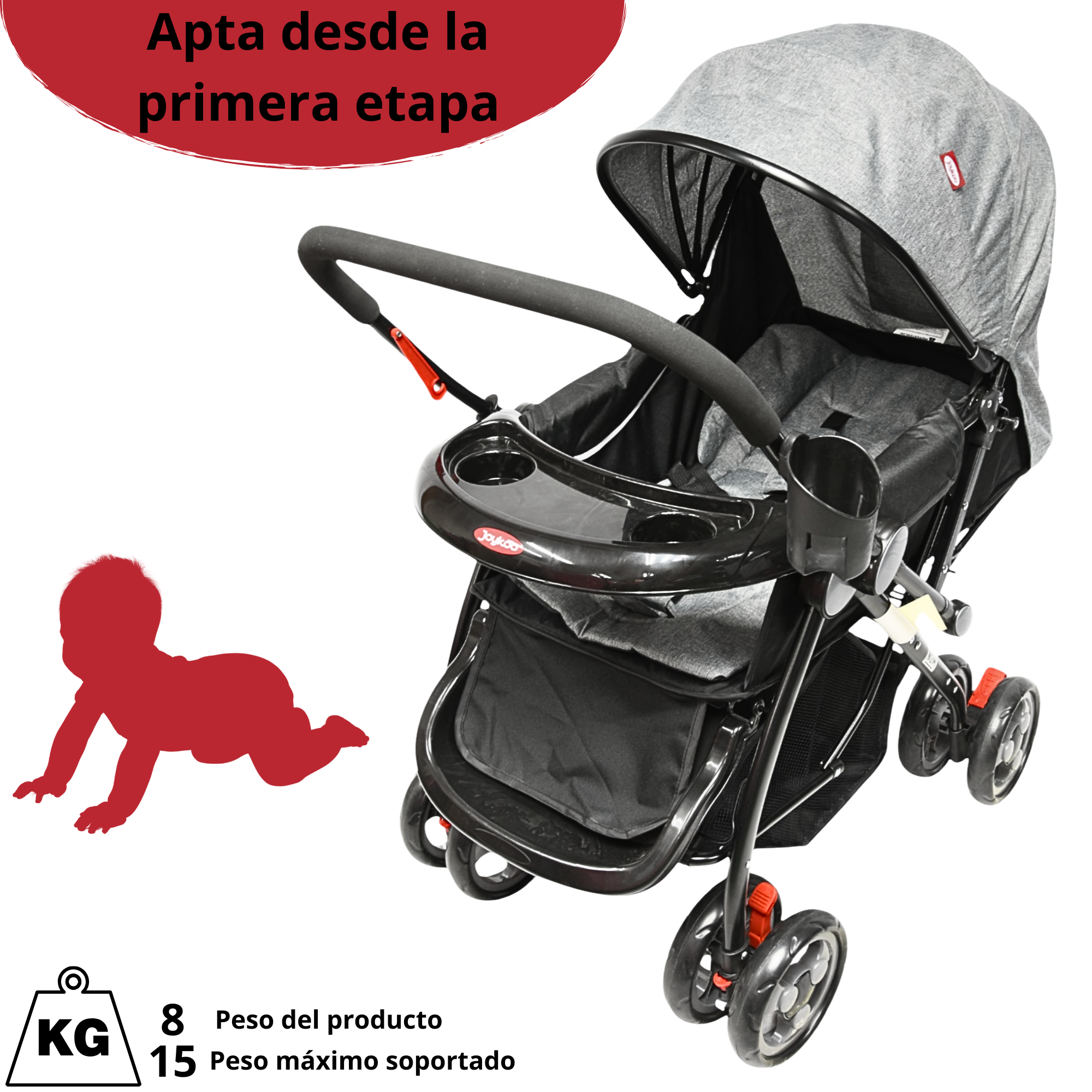 Foto 6 pulgar | Carriola Para Bebé Manubrio Reversible Asiento Reclinable Frenos Y Cinturón De Seguridad Soporta Hasta 15 Kg - Gris