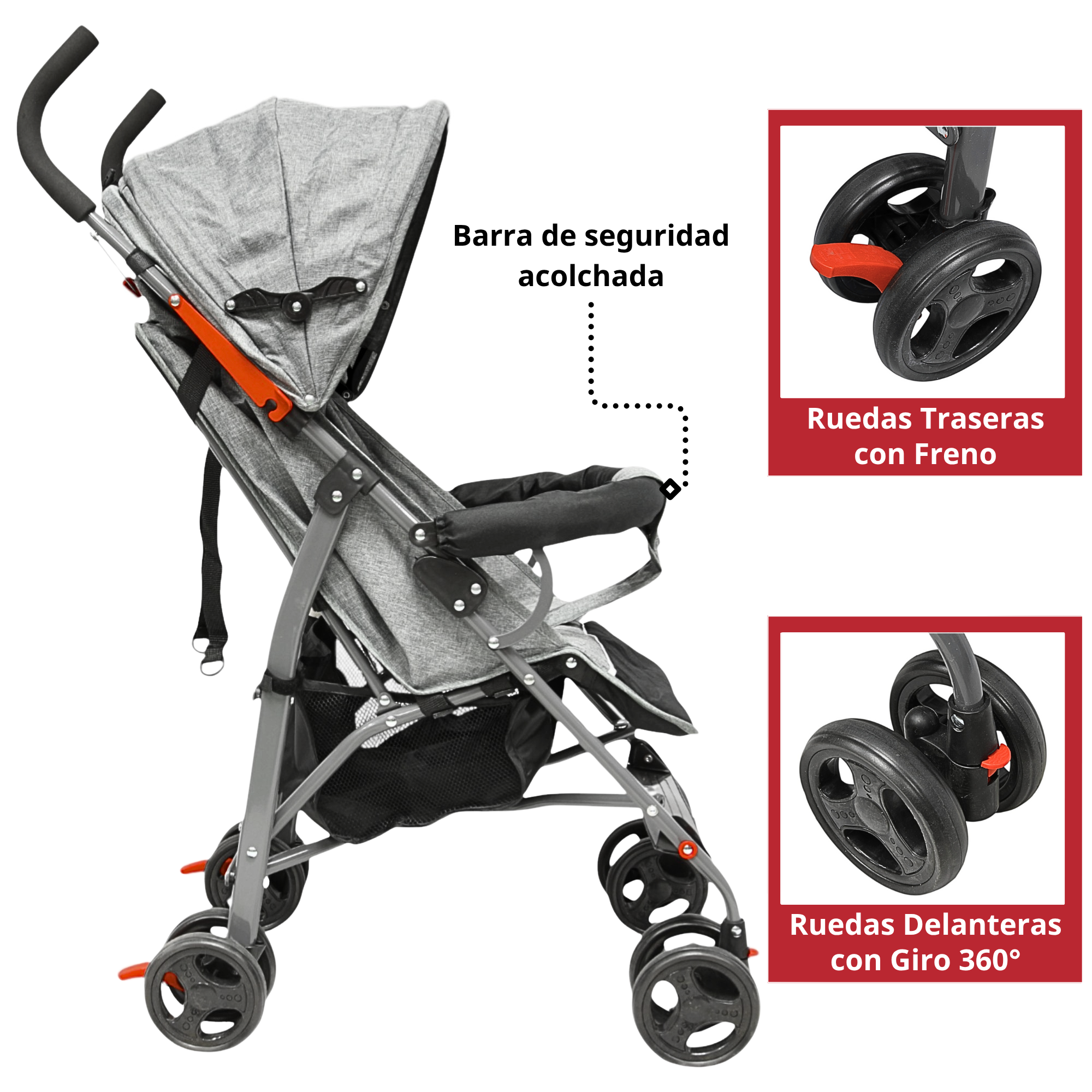 Foto 4 pulgar | Carriola De Bastón Para Bebé Asiento Multiposiciones Ruedas Con Freno Cinturón De 5 Puntos Soporta Hasta 15 Kg - Gris