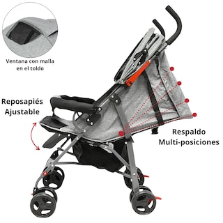 Foto 4 | Carriola De Bastón Para Bebé Asiento Multiposiciones Ruedas Con Freno Cinturón De 5 Puntos Soporta Hasta 15 Kg - Gris