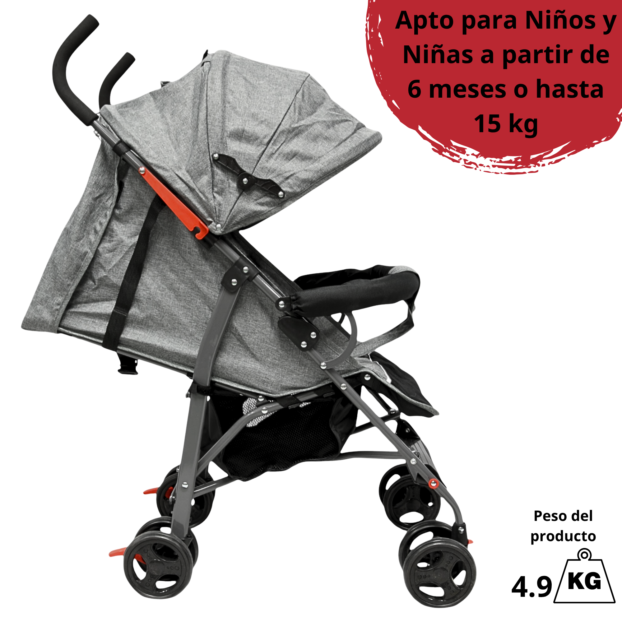 Foto 7 pulgar | Carriola De Bastón Para Bebé Asiento Multiposiciones Ruedas Con Freno Cinturón De 5 Puntos Soporta Hasta 15 Kg - Gris